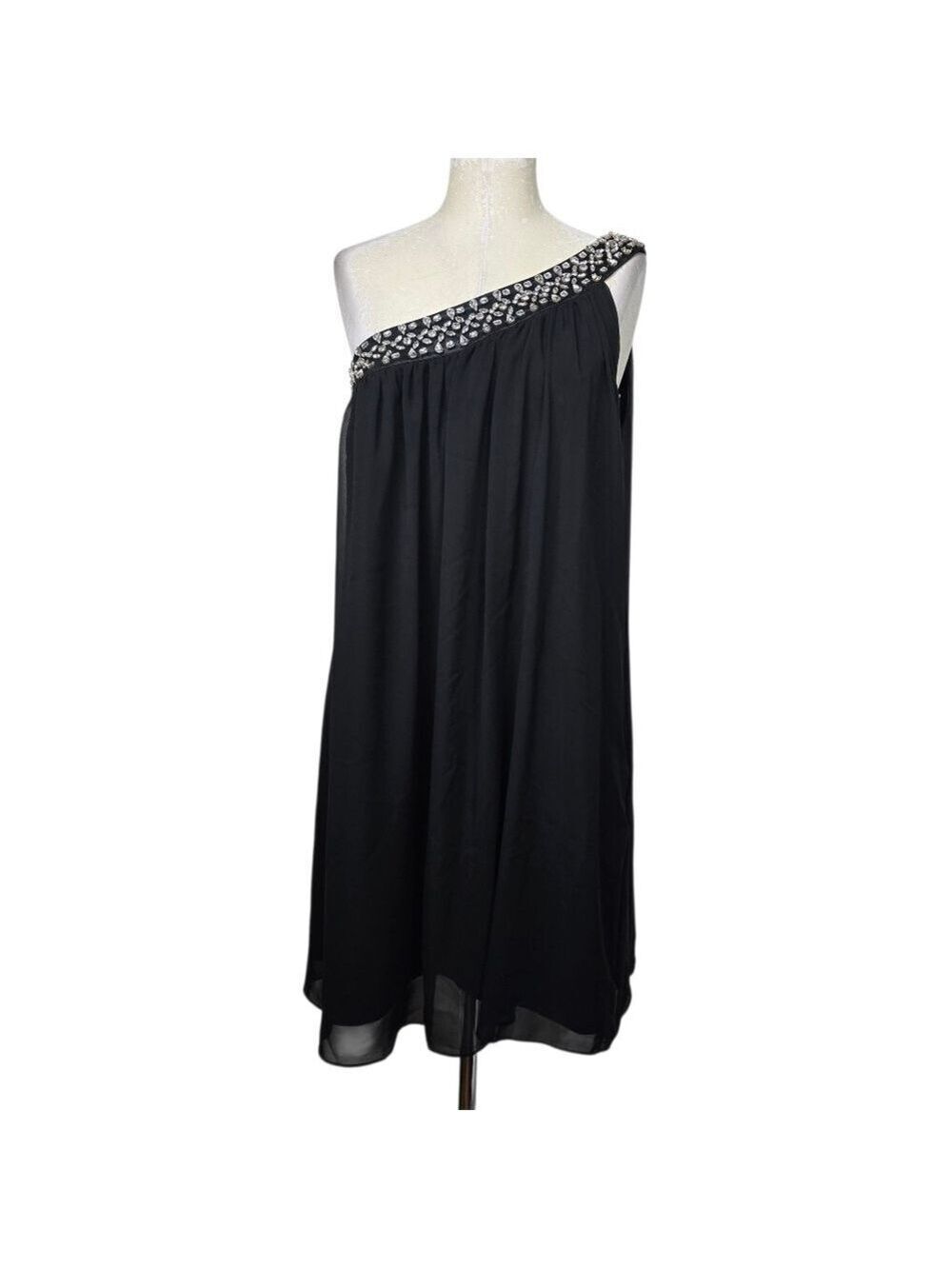 Calvin Klein Black Rhinestone Beaded One Shoulder Mini Silk Dress 12